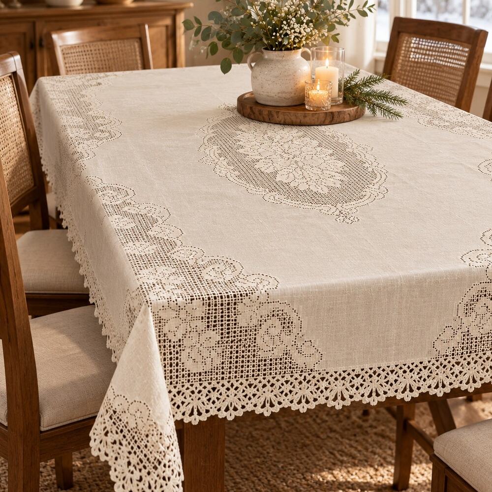 Vintage Cream Lace Tablecloth Plastic Coated Floral Crochet Look 58x42 Cottage